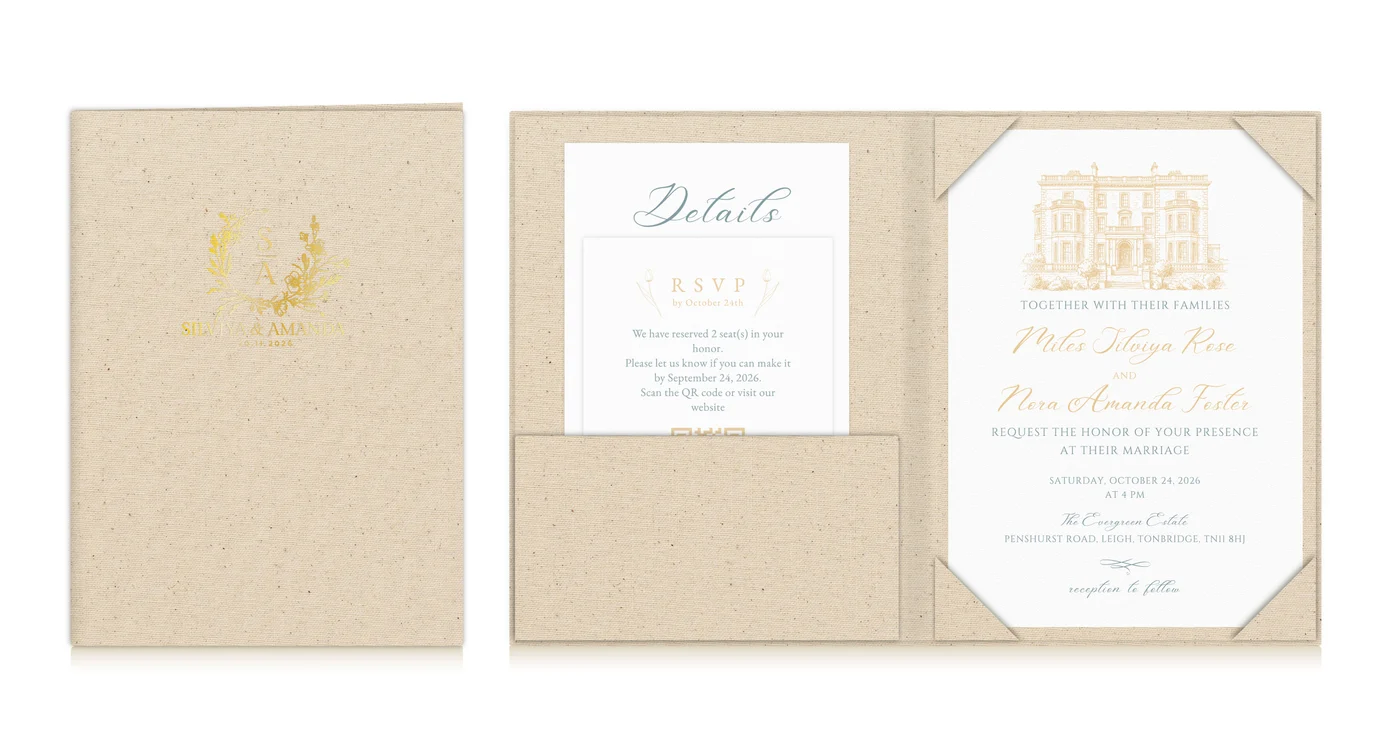Classic Fabric Invitation Folio in L002 New Natural Linen with example stationery