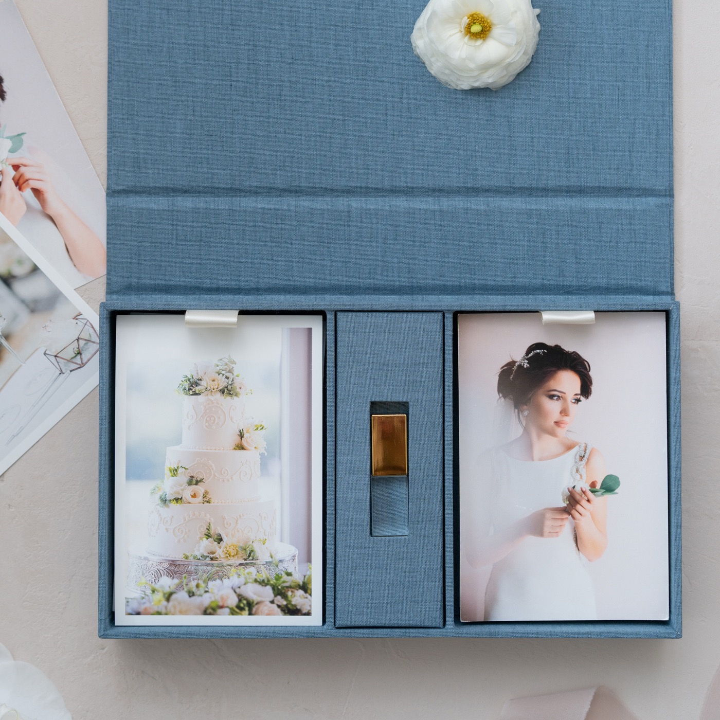 Double photo box with USB slot in lake blue fabric