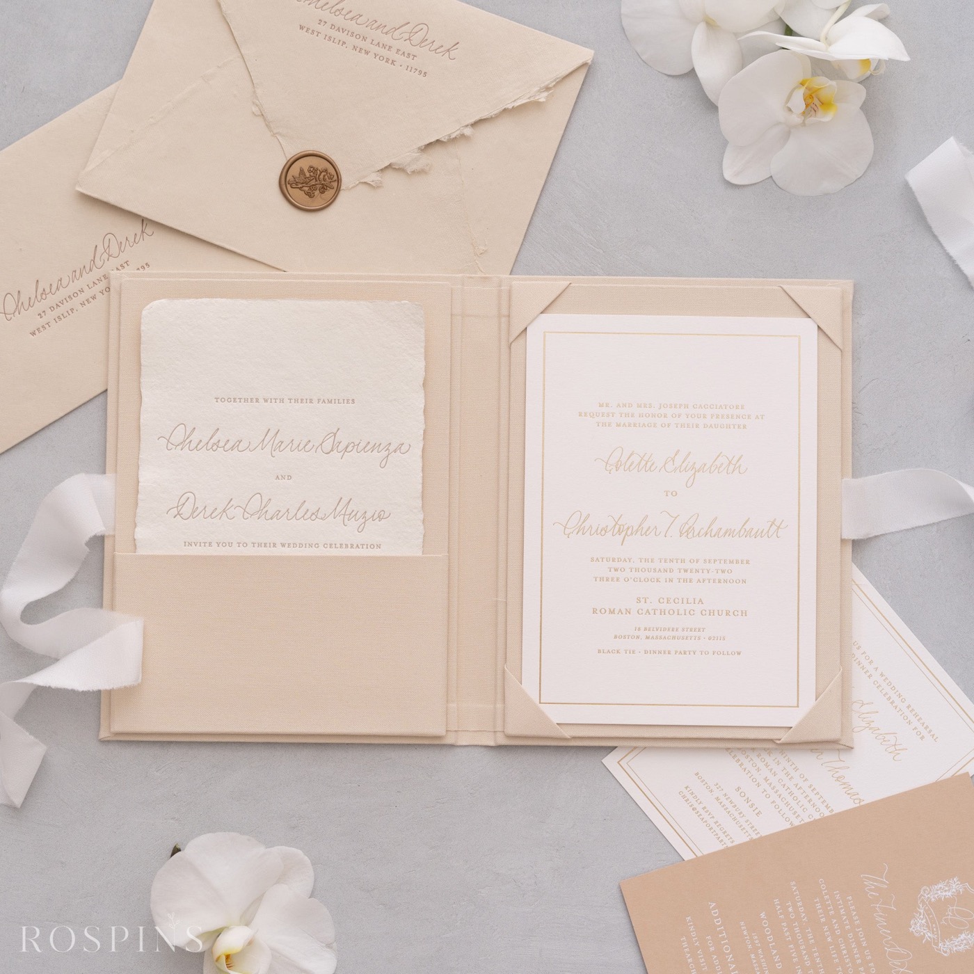 Ivory invitation folder with invitation cards