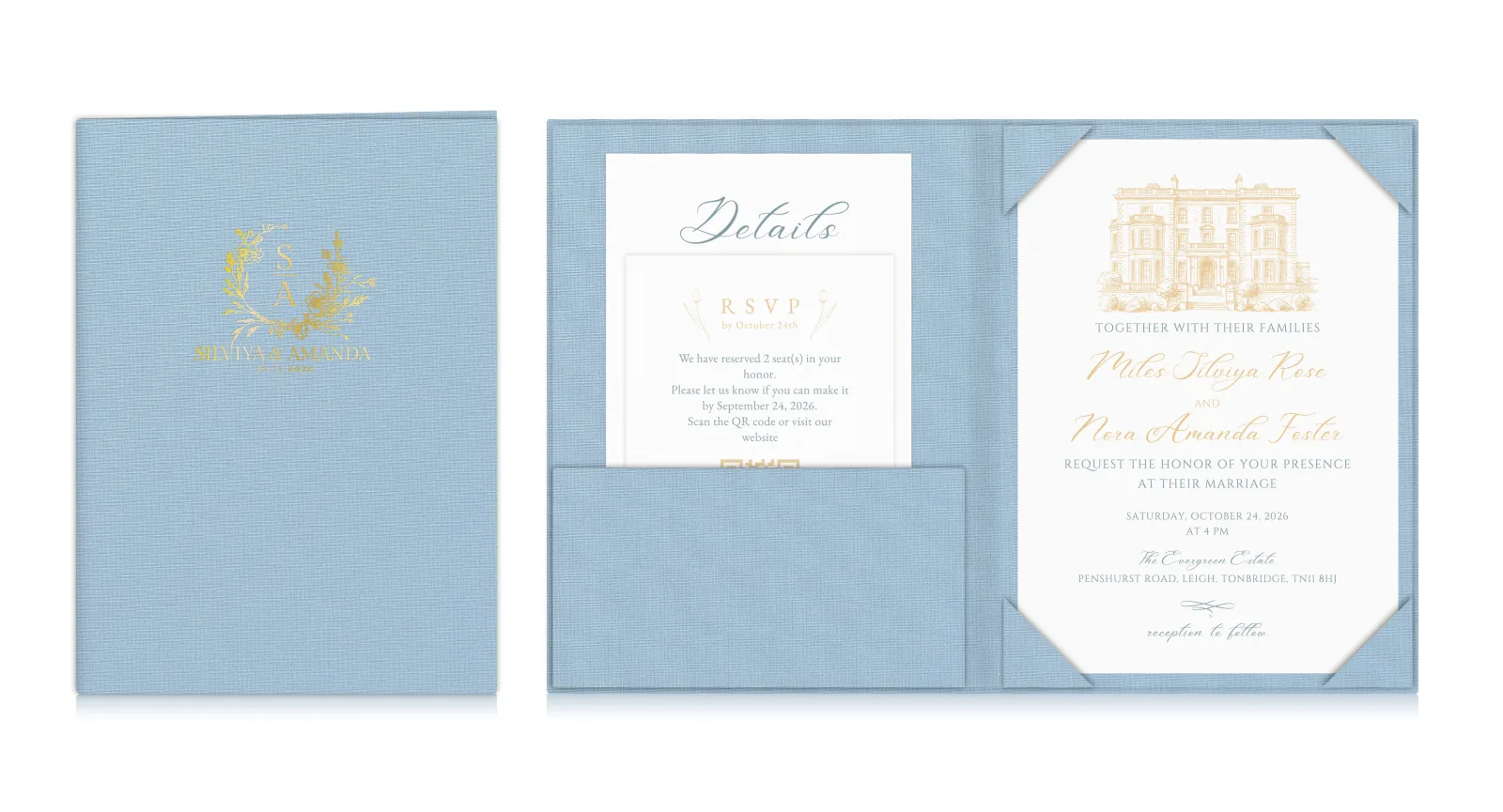 Folio d’invitation en tissu classique Open Sky Blue avec poche et maintien aux quatre coins