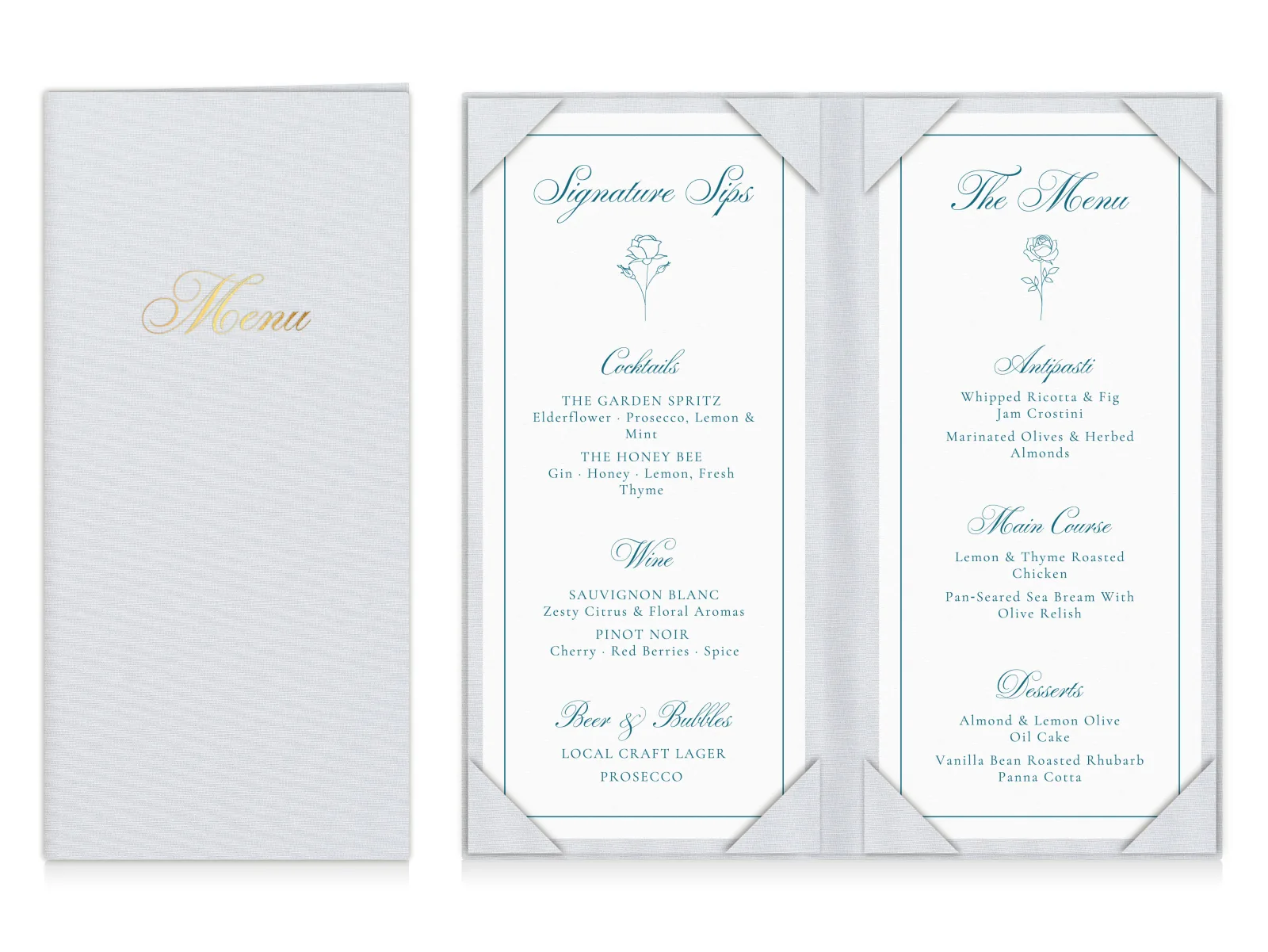 Folio de menu de mariage et de bar présenté fermé et ouvert avec deux menus