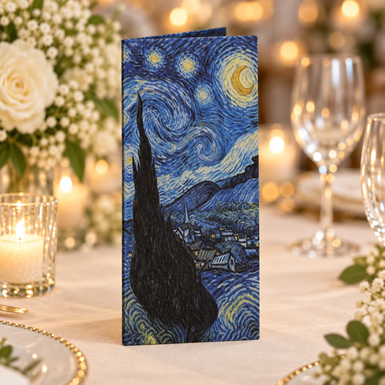 Exemple fini « Starry Night » d’un porte-menu de mariage et de bar imprimé sur mesure